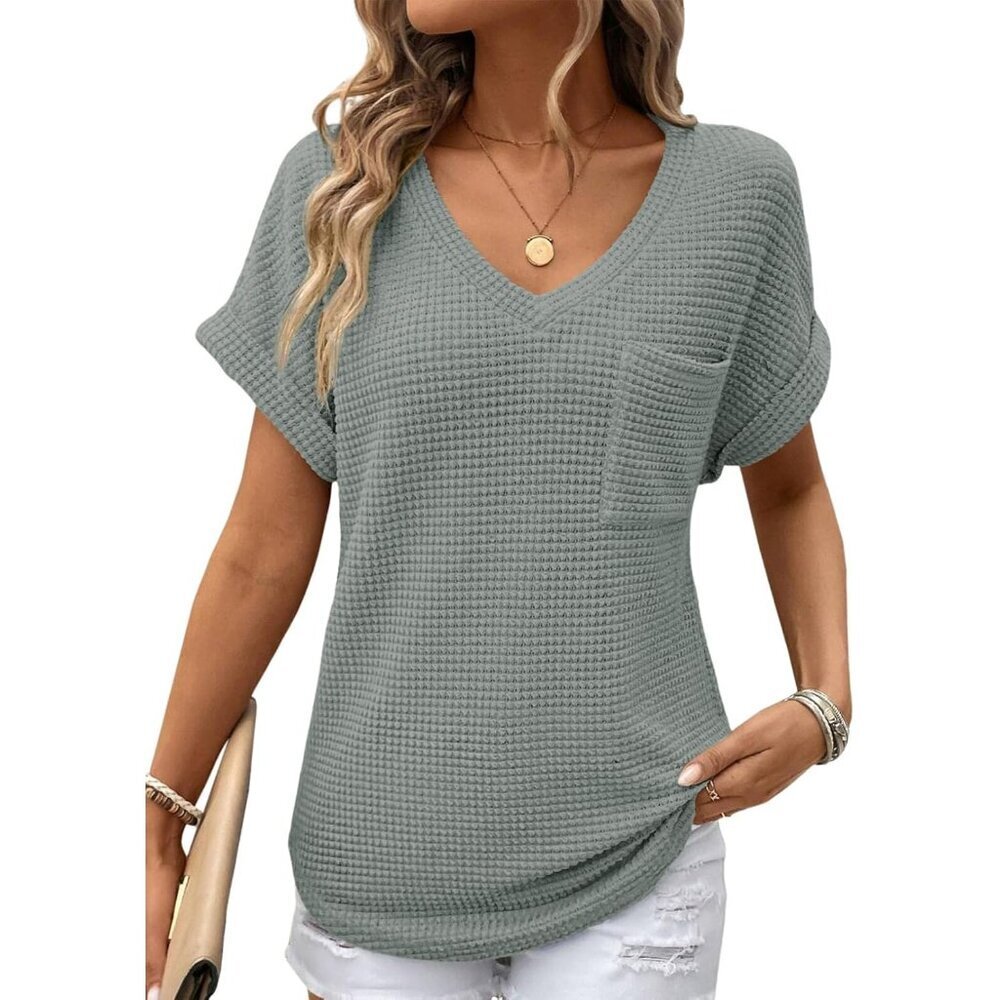 Womens Waffle Knit Tops 2026 Spring Summer V Neck Shirts Casual Trendy Women's B